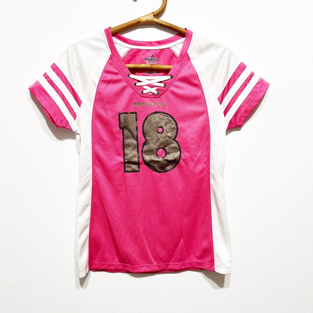 Broncos #18 Manning women's sequin pink and white women's jersey shirt Size S